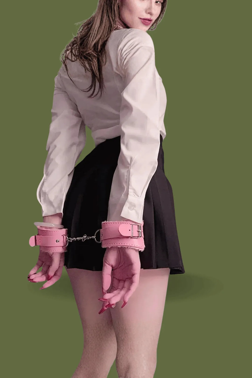 Person-wearing-pink-handcuffs-with-sexy-black-skirt