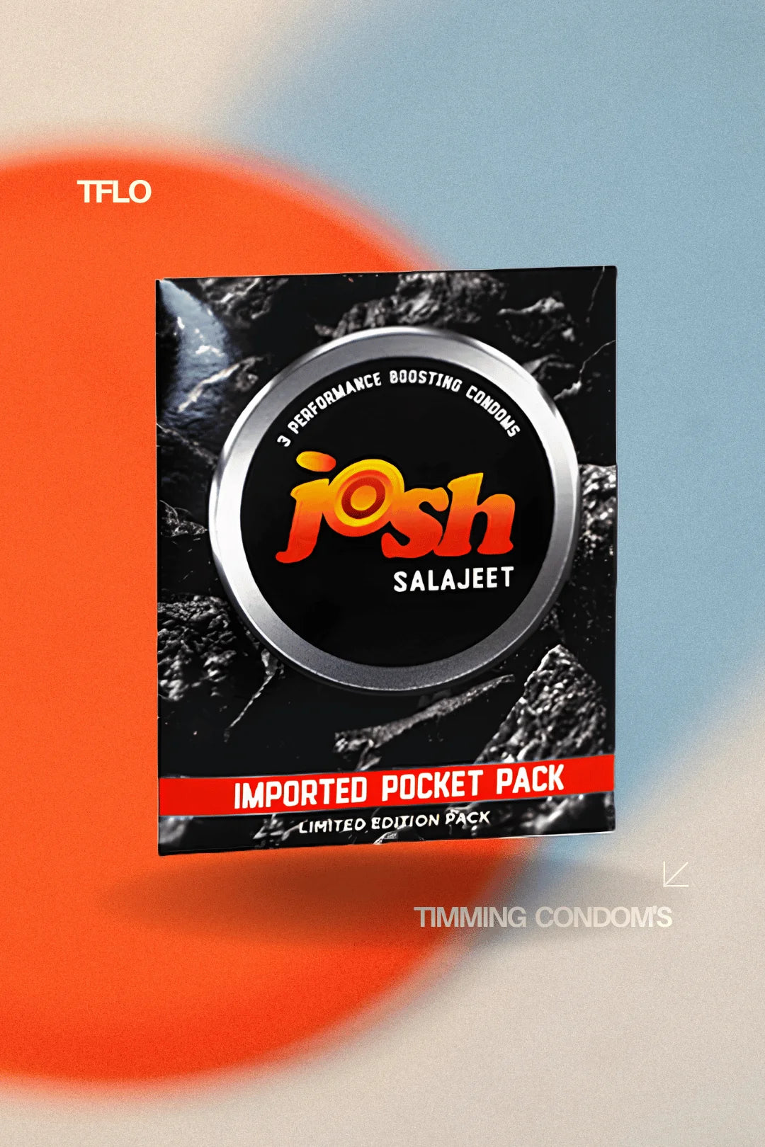 Condom packaging with 'Josh Salajeet' branding on a multicolored background