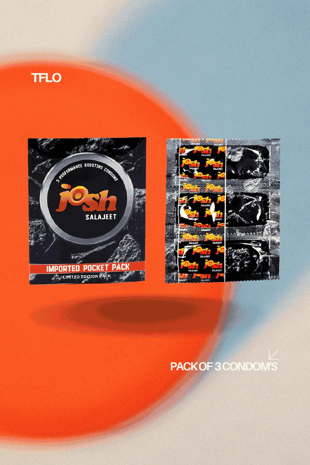 Pack of 3 condoms with a brand logo on an orange and blue gradient background