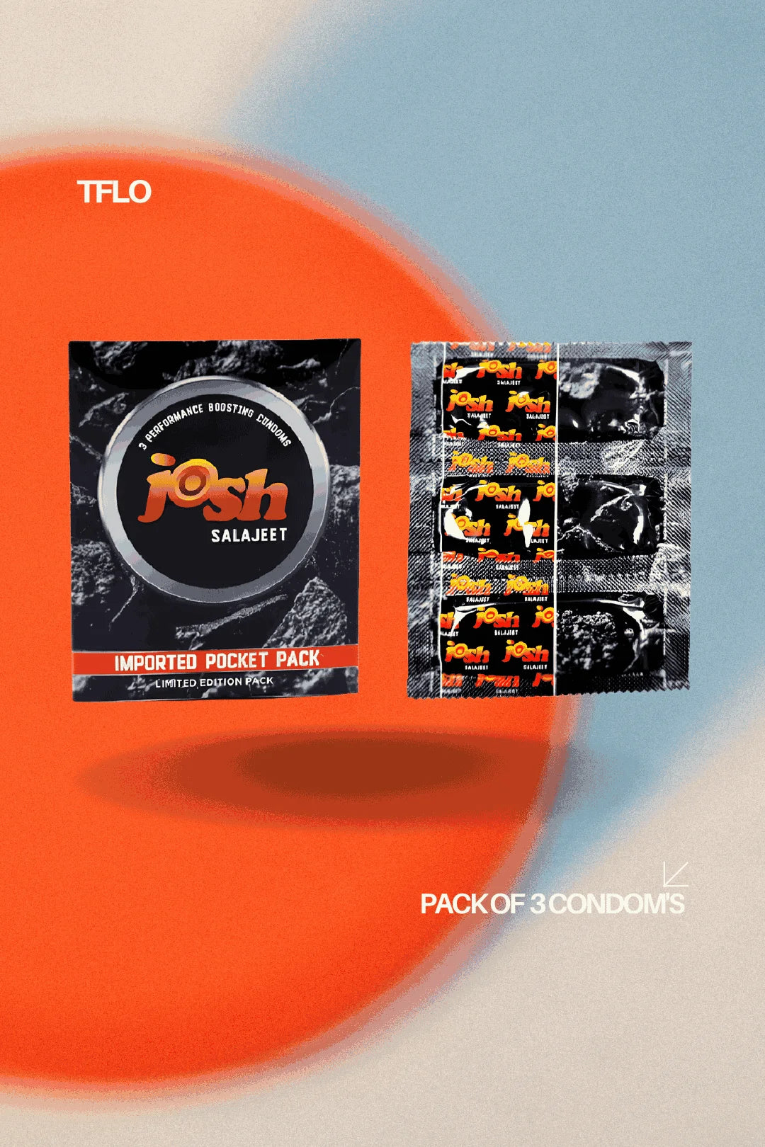 Pack of 3 condoms with a brand logo on an orange and blue gradient background