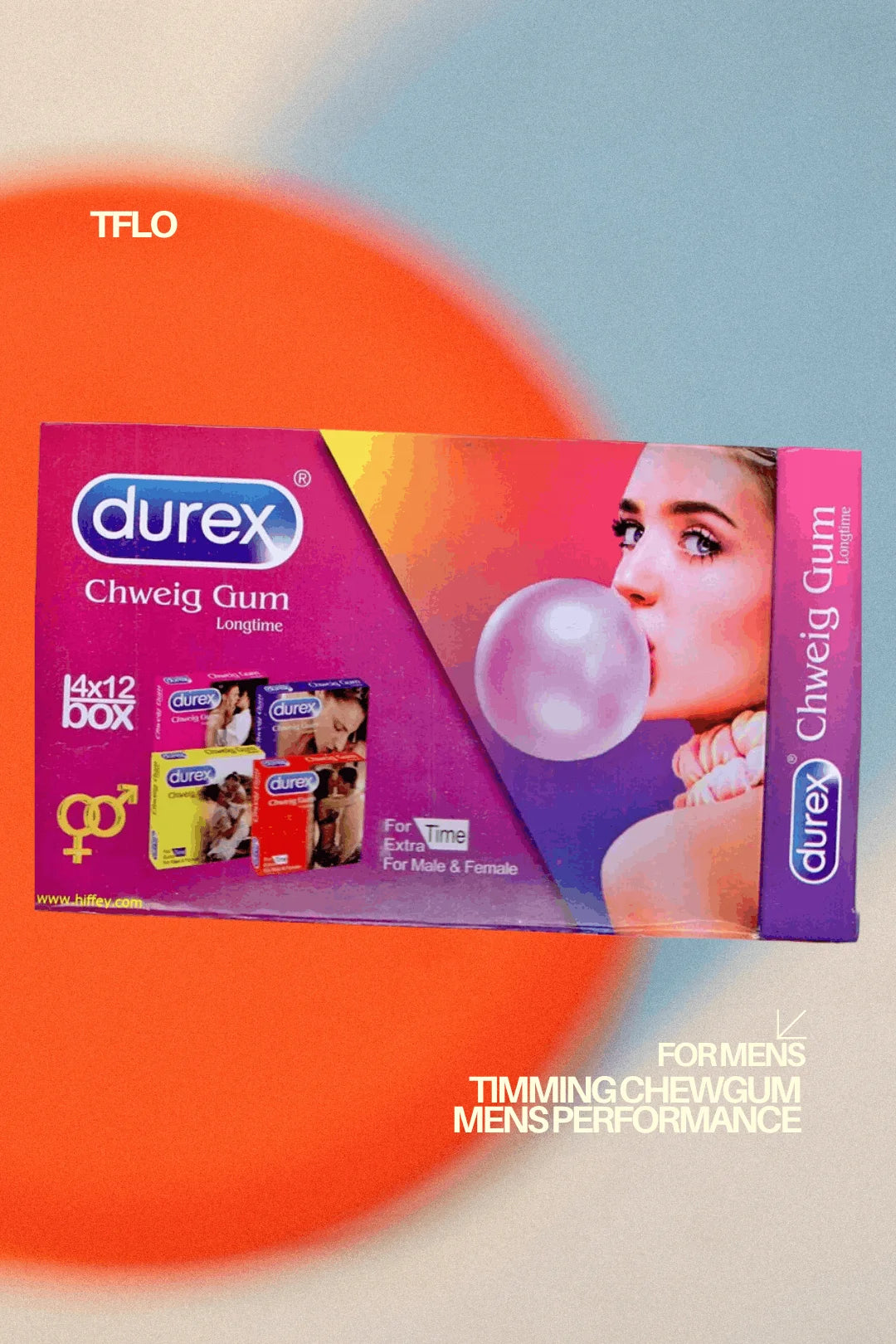 Durex Chweig Gum packaging with a woman blowing bubble gum on a colorful background