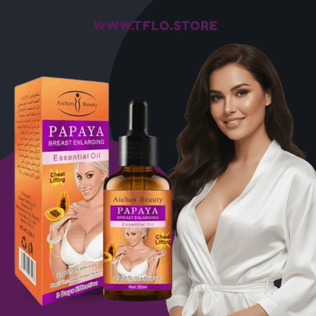 Papaya-breast-enlarging-essential-oil-with-packaging-and-a-model-wearing-a-white-robe