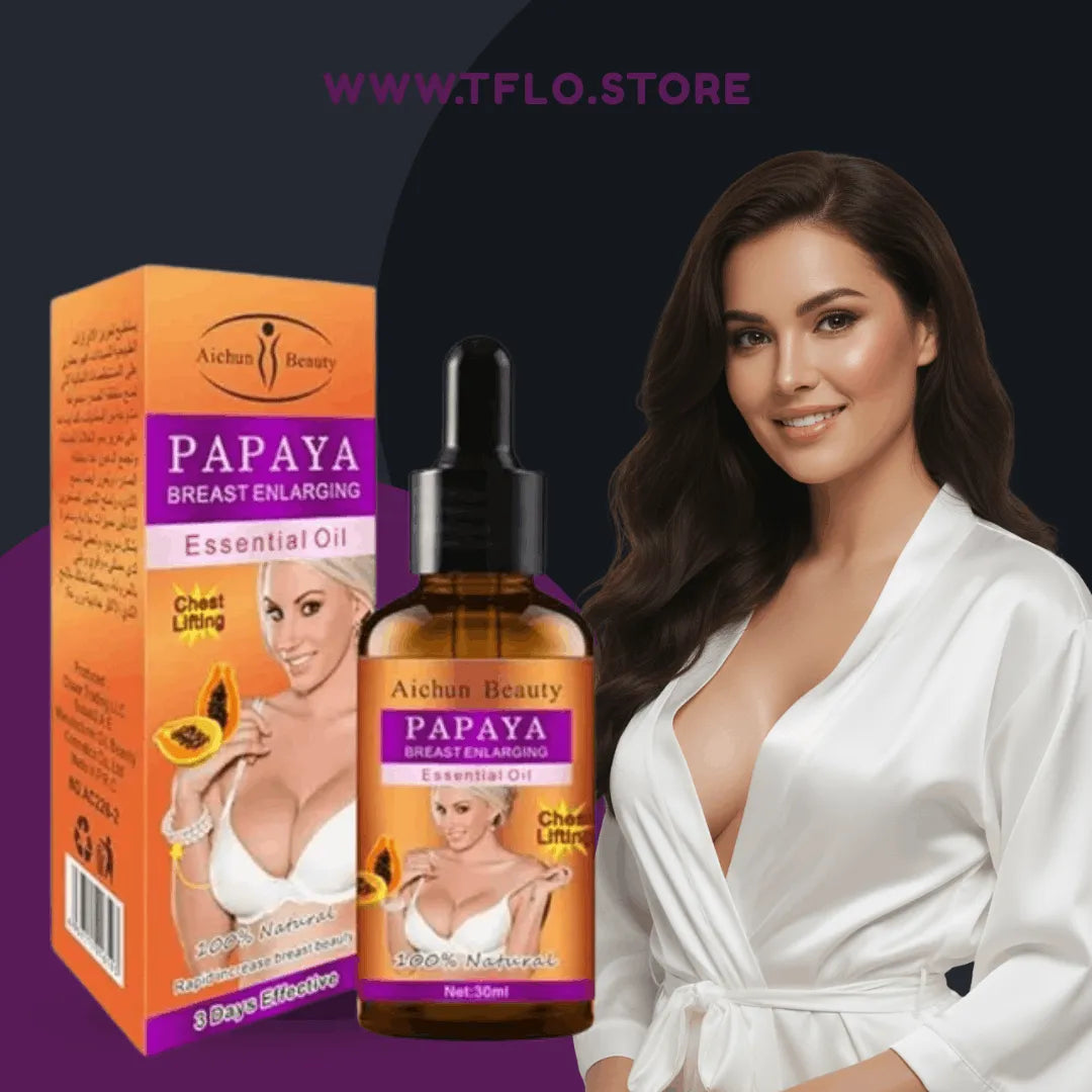 Papaya-breast-enlarging-essential-oil-with-packaging-and-a-model-wearing-a-white-robe